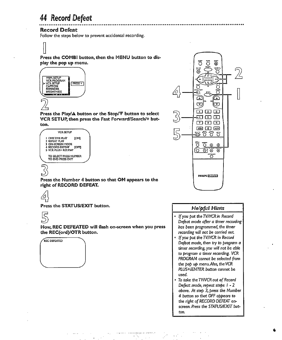 44 record defeat, Record defeat, Hejftfuf hints | Philips CCX134AT User Manual | Page 44 / 60