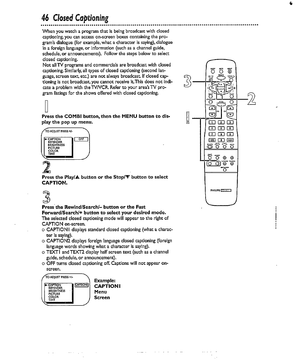 46 closed capiioning, Closed capiioning | Philips CCX134AT User Manual | Page 46 / 60