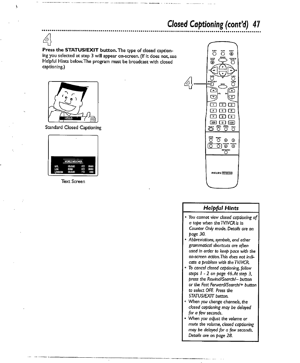 Closed captioning (confd) 47, Text screen, Abbreviations, symbols | On-screen oction.this, Volume or mute the volume | Philips CCX134AT User Manual | Page 47 / 60