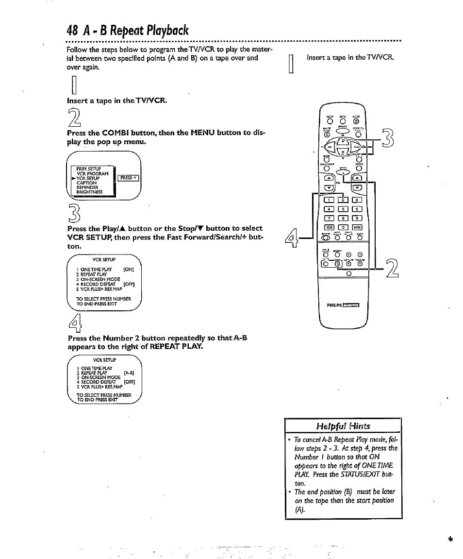 Insert a tape in thetv/vcr, 48 a-b repeat playback, Mode | Number / button so | Philips CCX134AT User Manual | Page 48 / 60