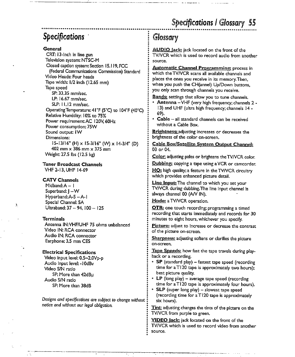 Spedpcations i glossary 55, Specifications, Specifications / glossary | Glossary, Spedpcations i glossary | Philips CCX134AT User Manual | Page 55 / 60