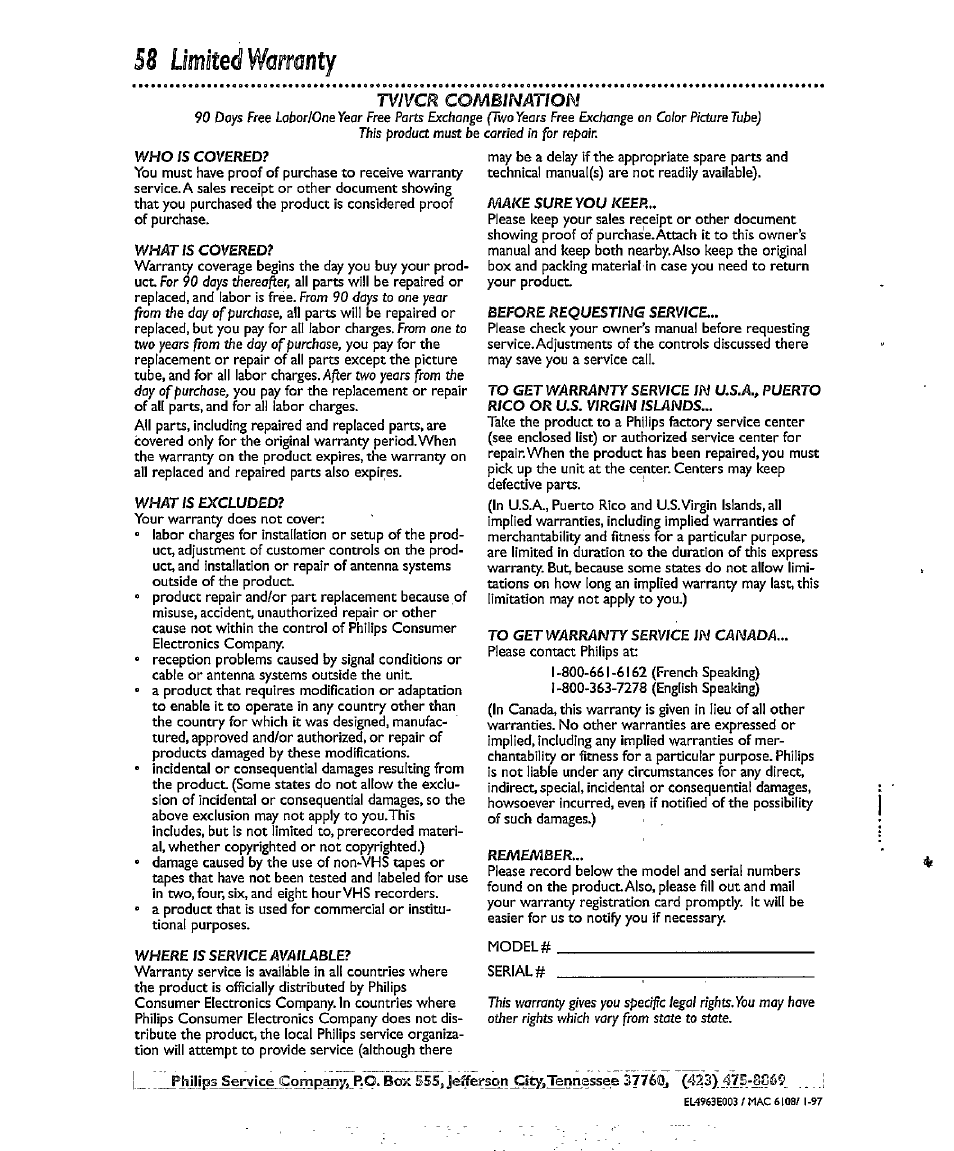 58 limited wamnty, Limited warranty | Philips CCX134AT User Manual | Page 58 / 60