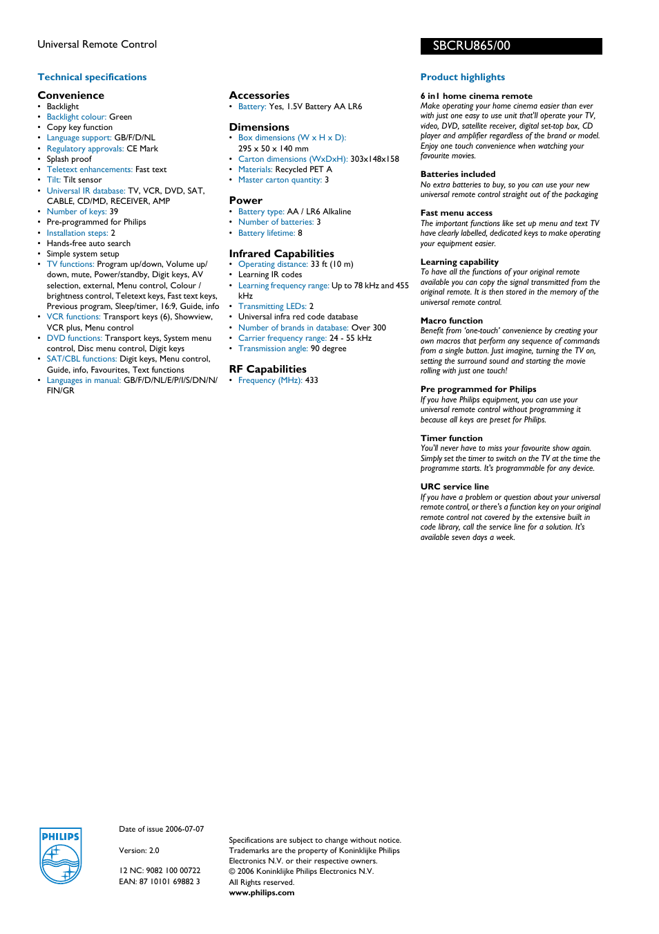 For preview purpose only | Philips Universal SBC RU 865 User Manual | Page 2 / 2