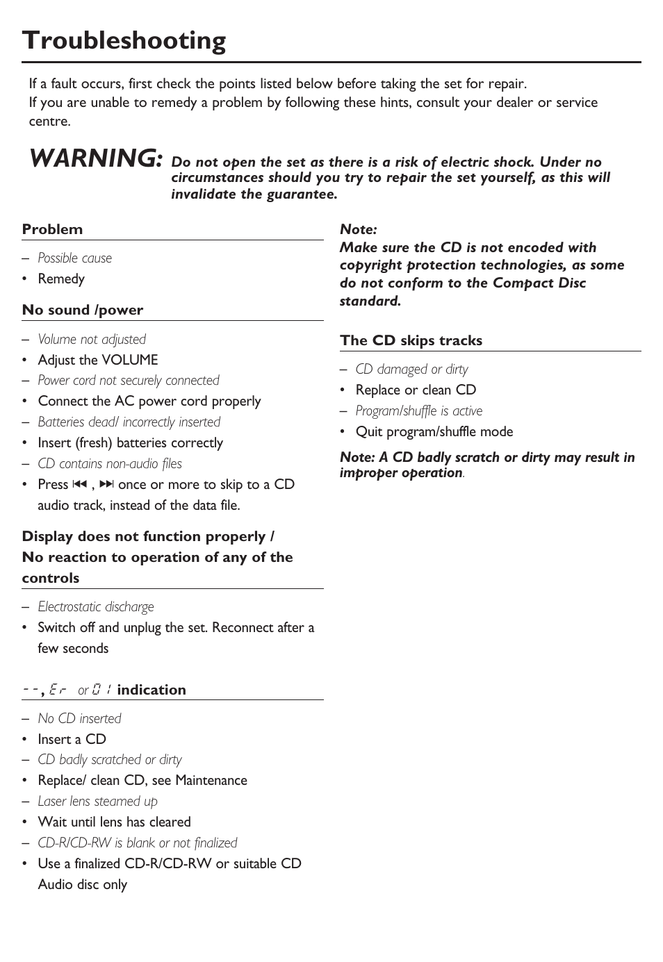 Troubleshooting, Warning | Philips SOUNDMACHINE AZ102B User Manual | Page 10 / 12