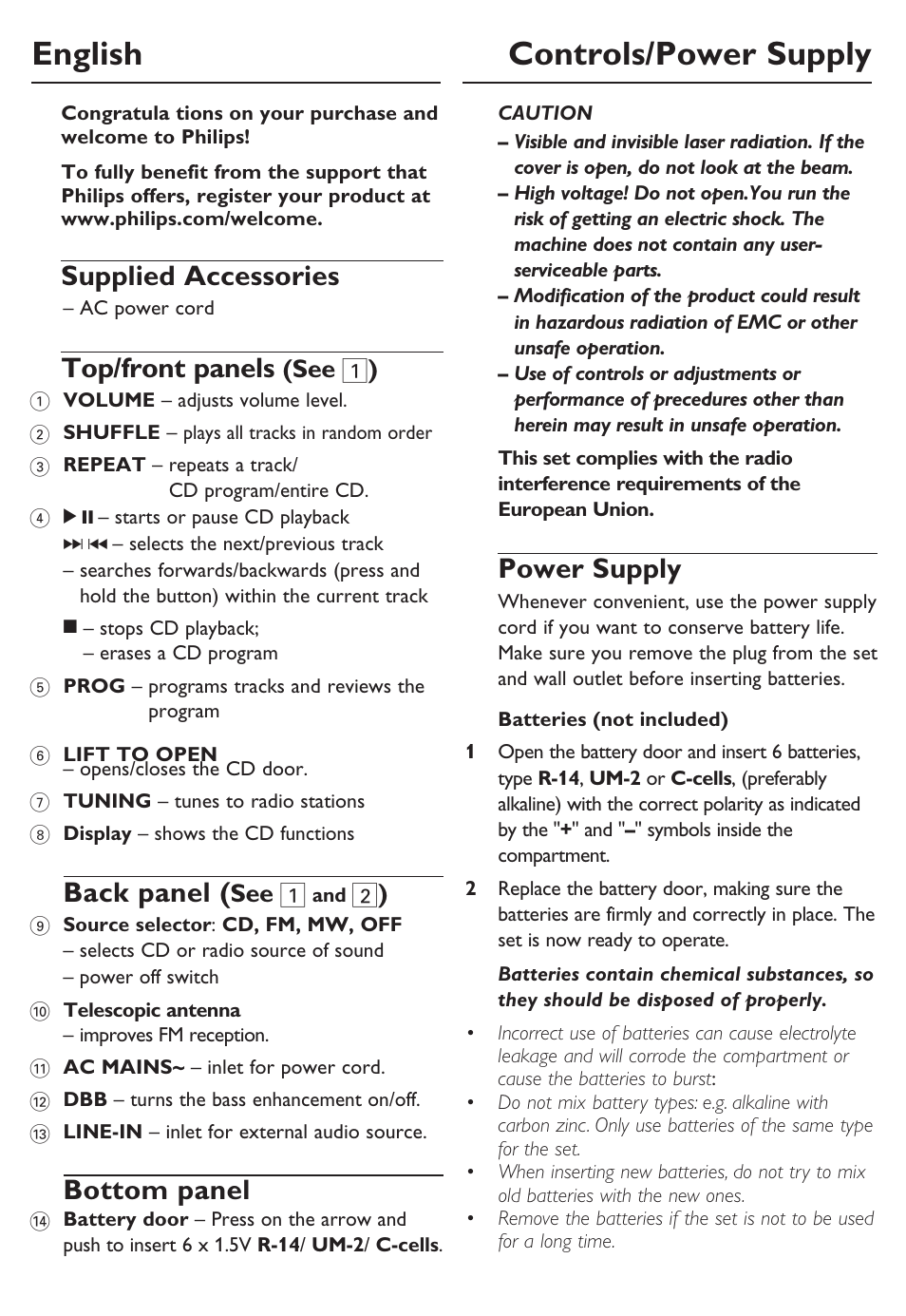 English controls/power supply, Supplied accessories, Top/front panels | Back panel, Bottom panel, Power supply, See 1 ), See 1 | Philips SOUNDMACHINE AZ102B User Manual | Page 5 / 12