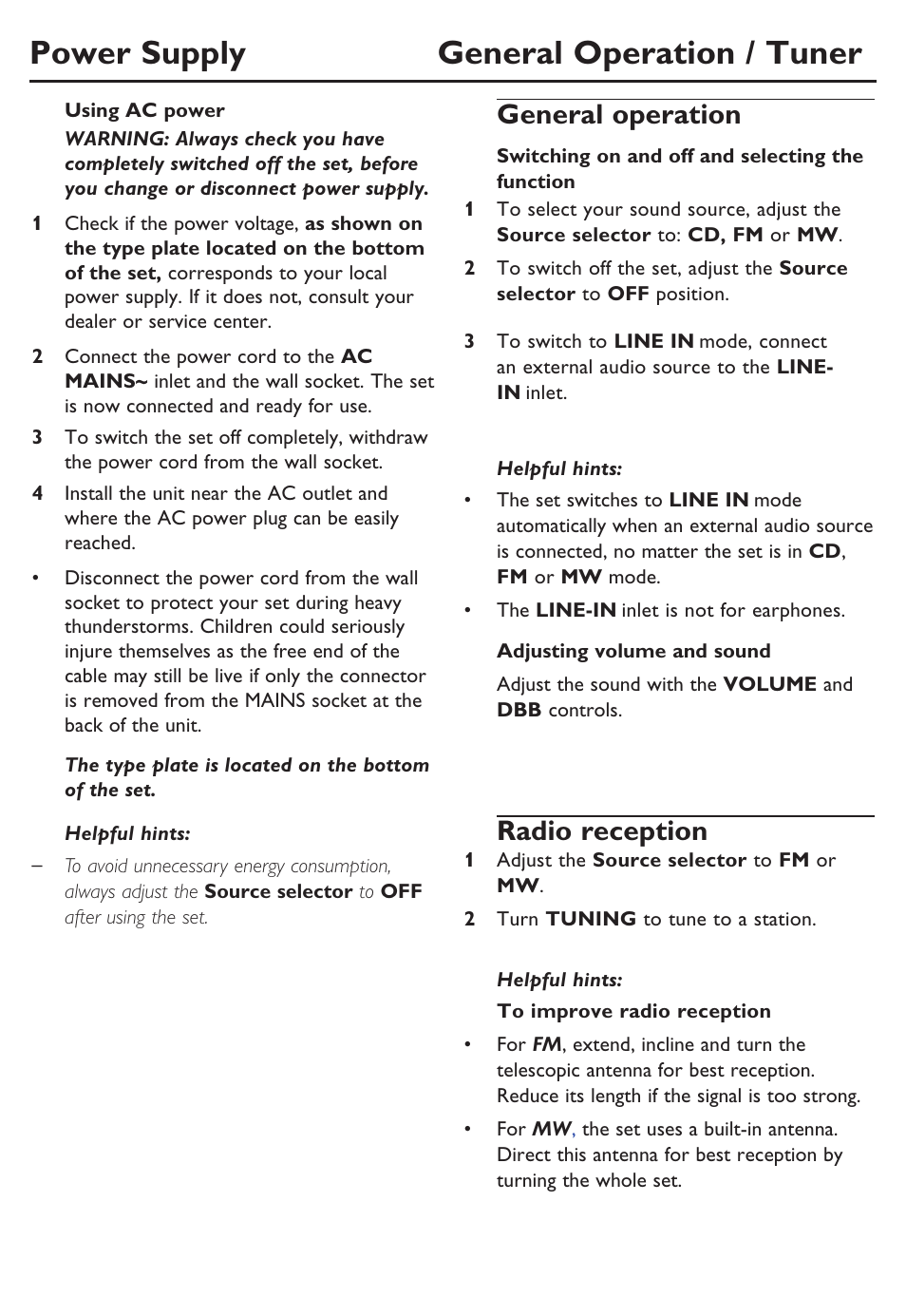 Power supply general operation / tuner, General operation, Radio reception | Philips SOUNDMACHINE AZ102B User Manual | Page 6 / 12