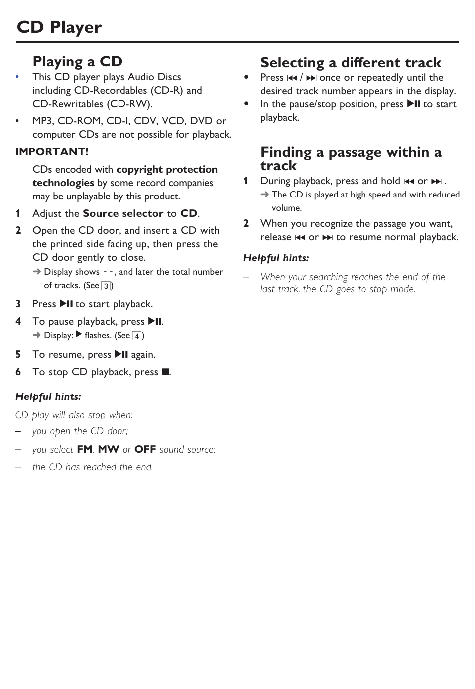 Cd player, Playing a cd, Selecting a different track | Finding a passage within a track | Philips SOUNDMACHINE AZ102B User Manual | Page 7 / 12