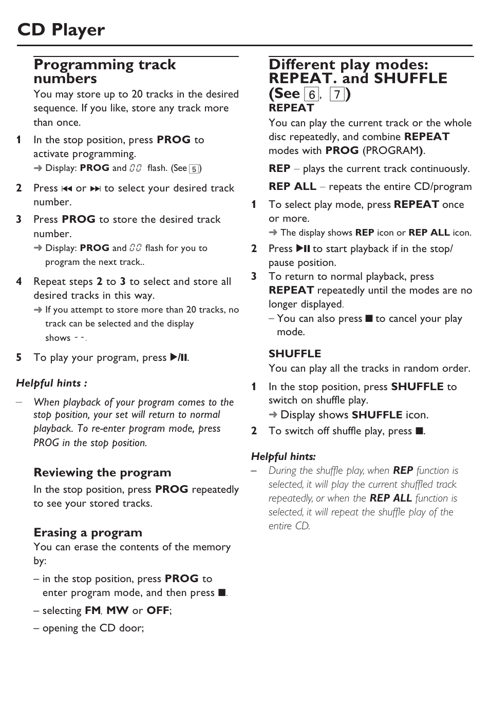 Cd player, Programming track numbers, Different play modes: repeat. and shuffle (see 6 | Philips SOUNDMACHINE AZ102B User Manual | Page 8 / 12