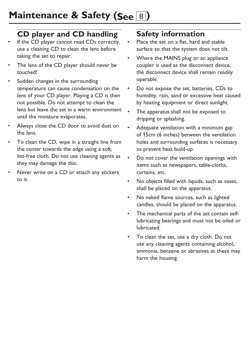 Maintenance & safety (see 8 ), Cd player and cd handling, Safety information | Philips SOUNDMACHINE AZ102B User Manual | Page 9 / 12