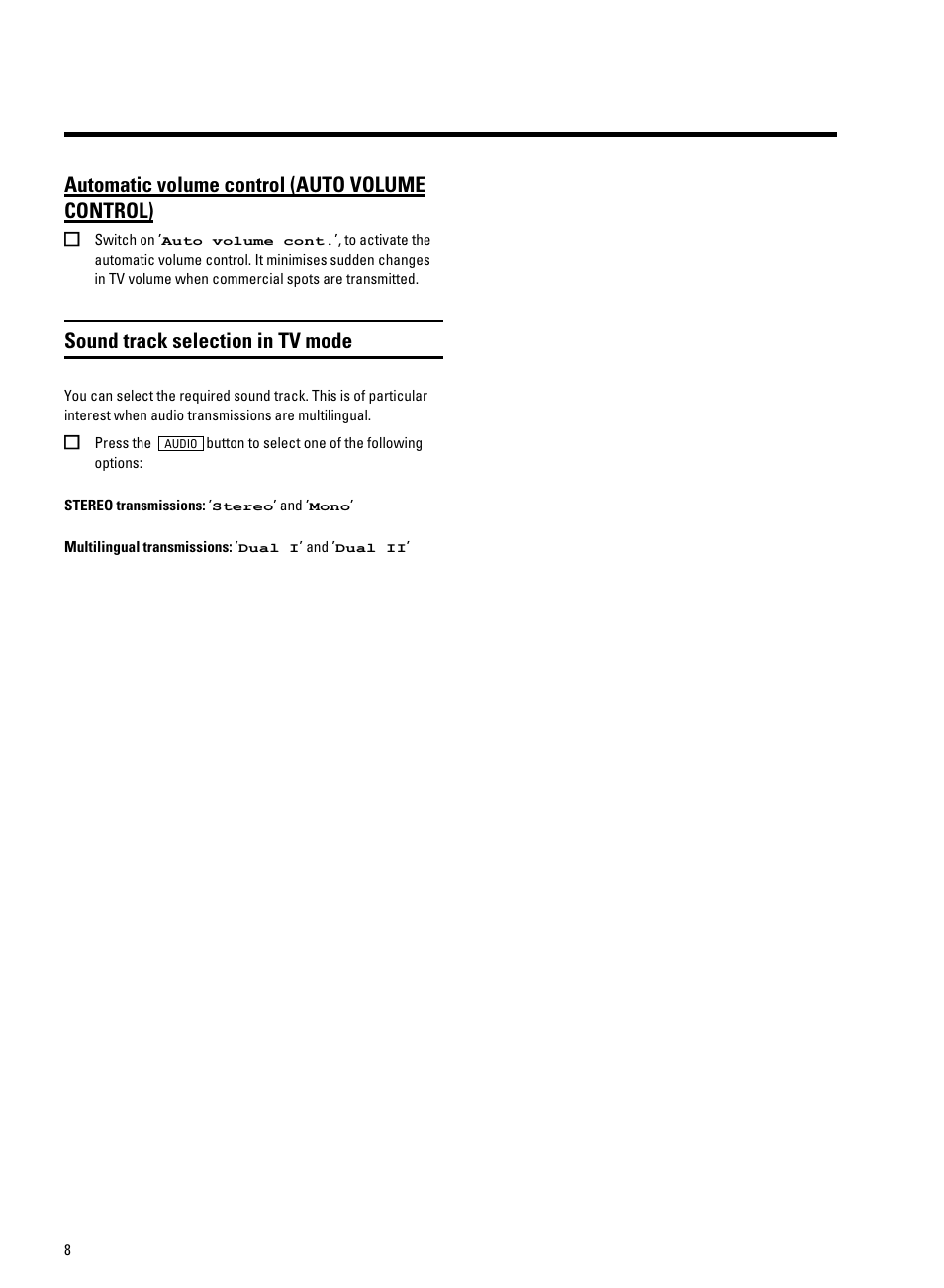 Automatic volume control (auto volume con- trol), Sound track selection in tv mode, Automatic volume control (auto volume control) | Philips 21PV688/05 User Manual | Page 10 / 20