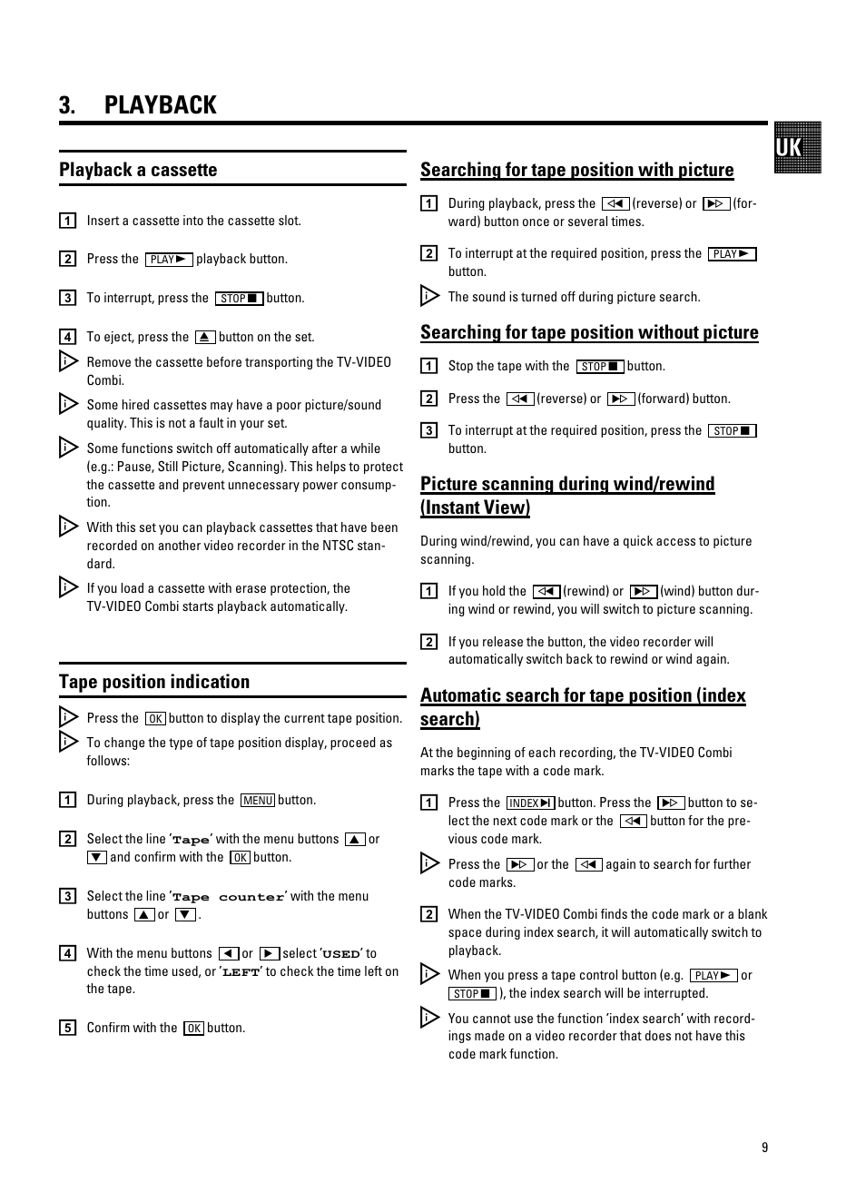 Playback, Playback a cassette, Tape position indication | Searching for tape position, Searching for tape position with picture, Searching for tape position without picture, Picture scanning during wind/rewind (instant view), Automatic search for tape position (index search) | Philips 21PV688/05 User Manual | Page 11 / 20