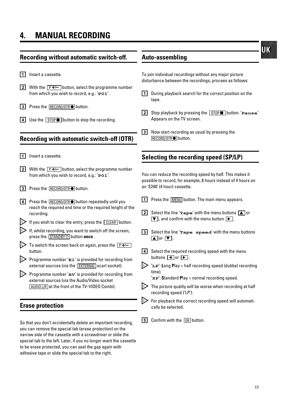 Manual recording, Recording with/without automatic switch-off, Auto-assembling | Selecting the recording speed (sp/lp), Recording without automatic switch-off, Recording with automatic switch-off (otr), Erase protection | Philips 21PV688/05 User Manual | Page 13 / 20