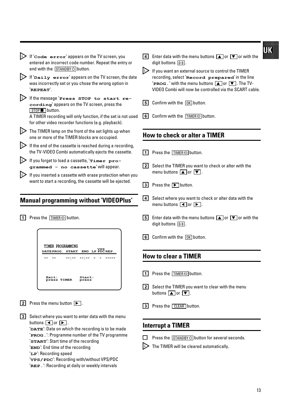 Manual programming without ’videoplus, How to clear a timer, Interrupt a timer | How to check or alter a timer | Philips 21PV688/05 User Manual | Page 15 / 20