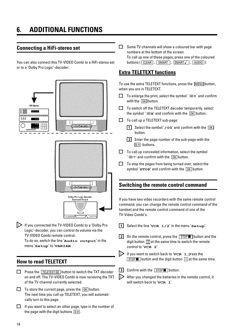 Additional functions, Connecting a hifi-stereo set, How to read teletext | Switching the remote control command, Extra teletext functions | Philips 21PV688/05 User Manual | Page 16 / 20