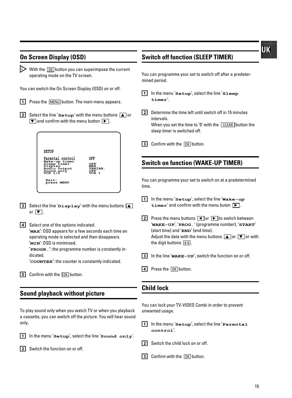 On screen display (osd), Sound playback without picture, Switch off function (sleep timer) | Switch on function (wake-up timer), Child lock | Philips 21PV688/05 User Manual | Page 17 / 20