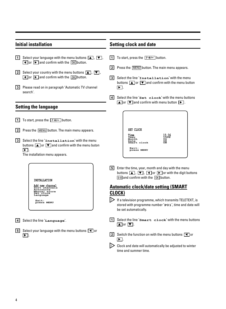 Initial installation, Setting clock and date, Setting the language | Automatic clock/date setting (smart clock) | Philips 21PV688/05 User Manual | Page 6 / 20