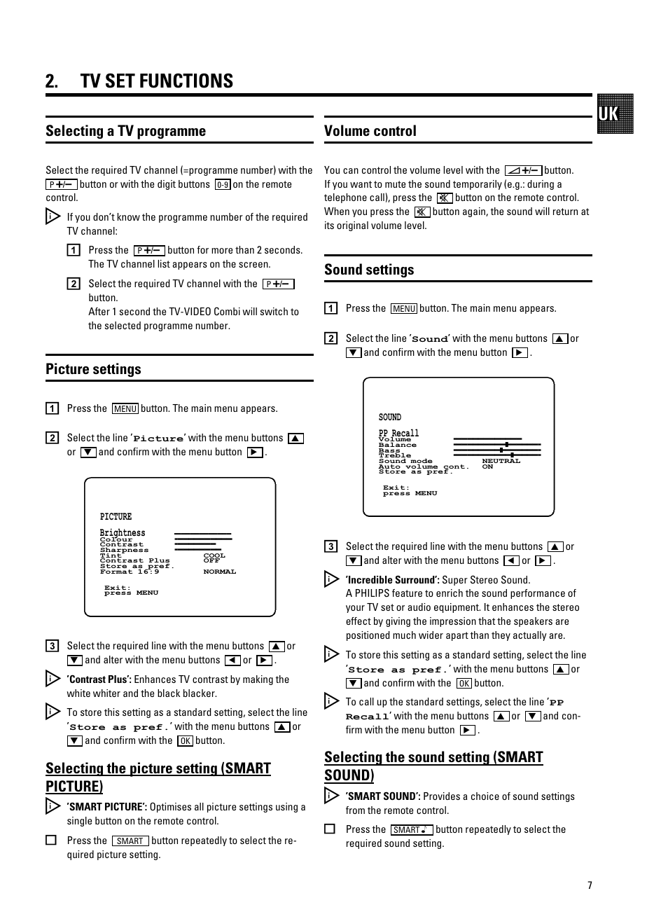 Tv set functions, Selecting the picture setting (smart picture), Selecting the sound setting (smart sound) | Selecting a tv programme, Picture settings, Volume control, Sound settings | Philips 21PV688/05 User Manual | Page 9 / 20