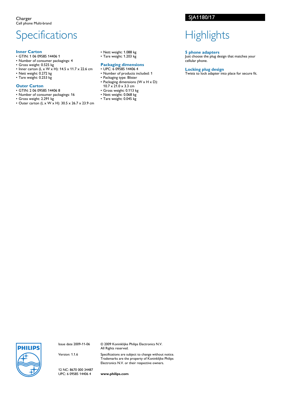 Specifications, Highlights | Philips SJA1180 User Manual | Page 2 / 2