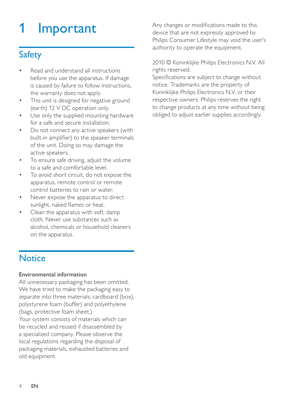 1 important, Safety, Notice | Philips CSM1000 User Manual | Page 3 / 11