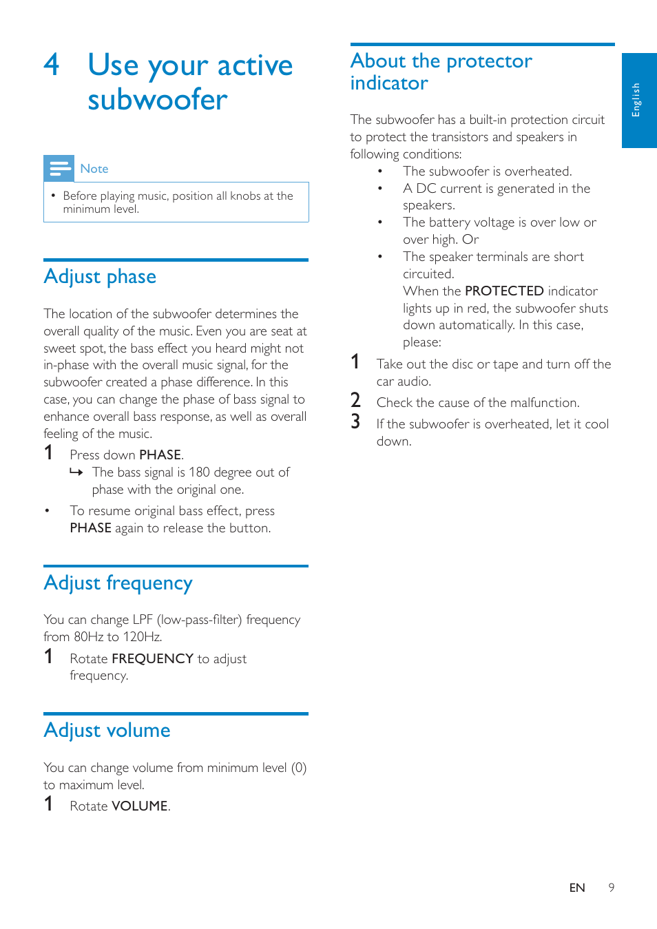 4 use your active subwoofer, About the protector indicator, Adjust phase | Adjust frequency, Adjust volume | Philips CSM1000 User Manual | Page 8 / 11