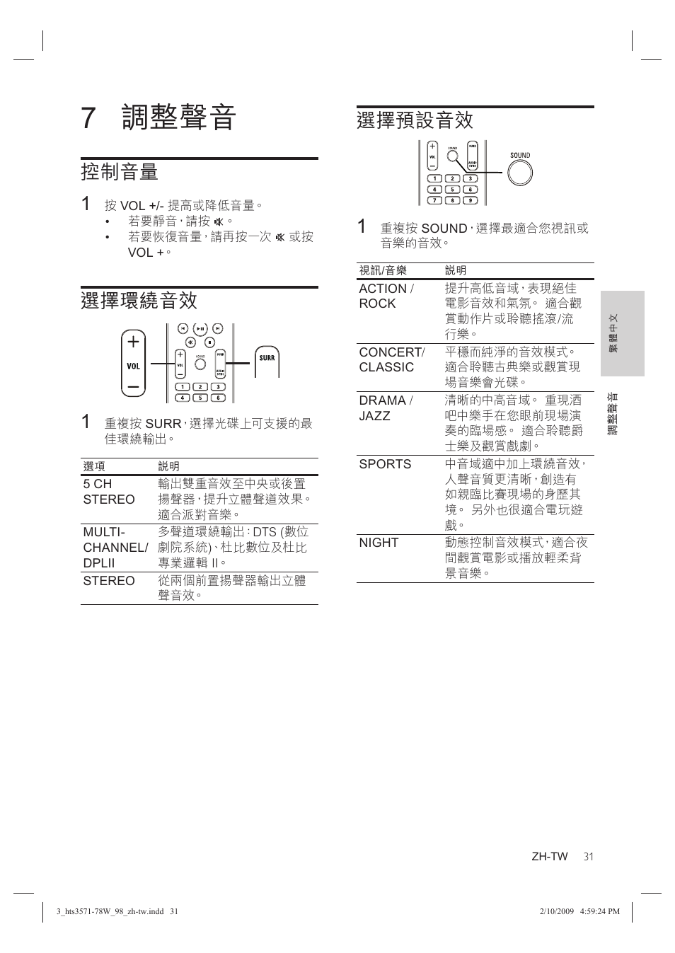 7 調整聲音, 選擇預設音效, 控制音量 1 | 選擇環繞音效 | Philips HTS3578W User Manual | Page 33 / 53