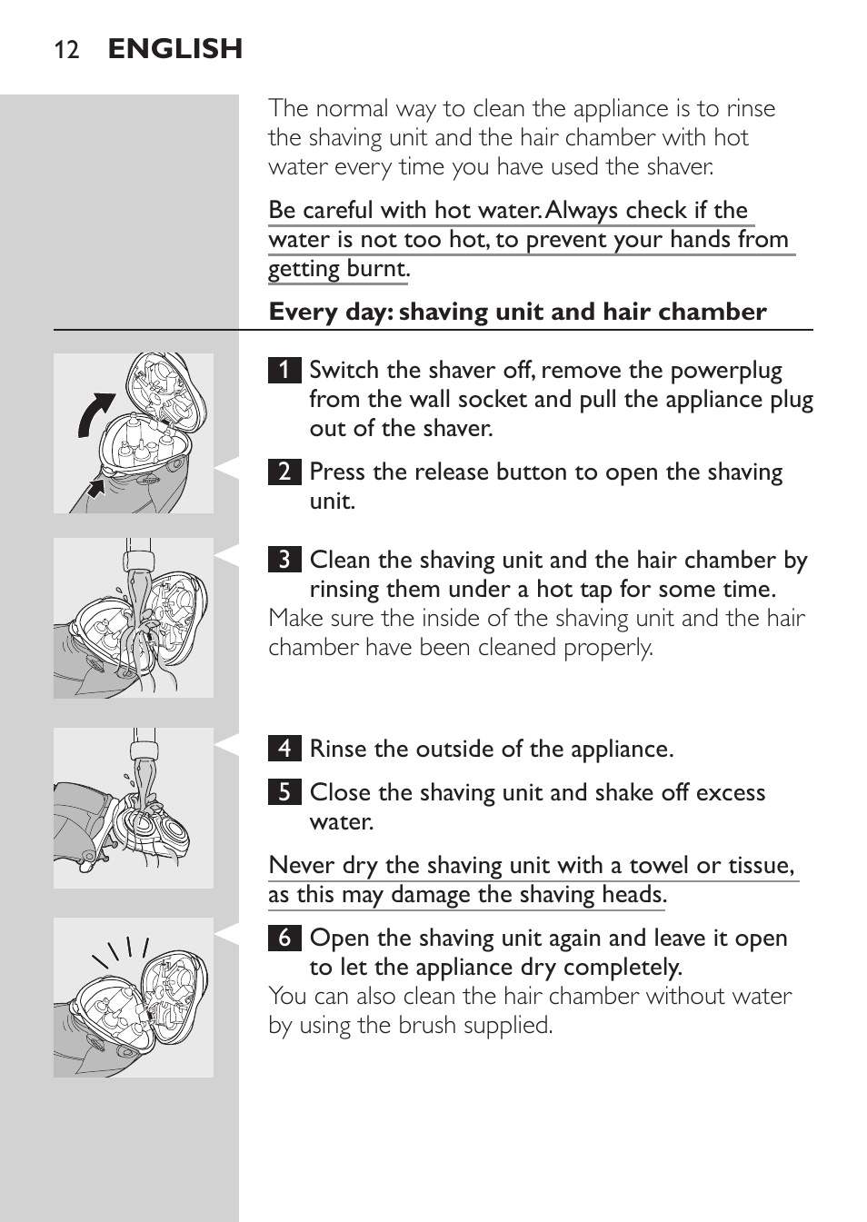 Every day: shaving unit and hair chamber | Philips HQ9190 User Manual | Page 10 / 124