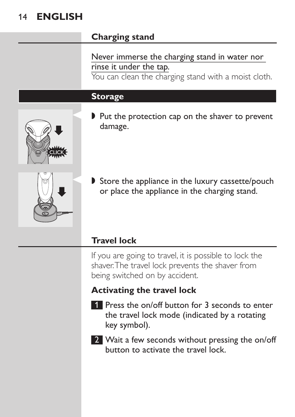 Charging stand, Storage, Travel lock | Activating the travel lock | Philips HQ9190 User Manual | Page 12 / 124