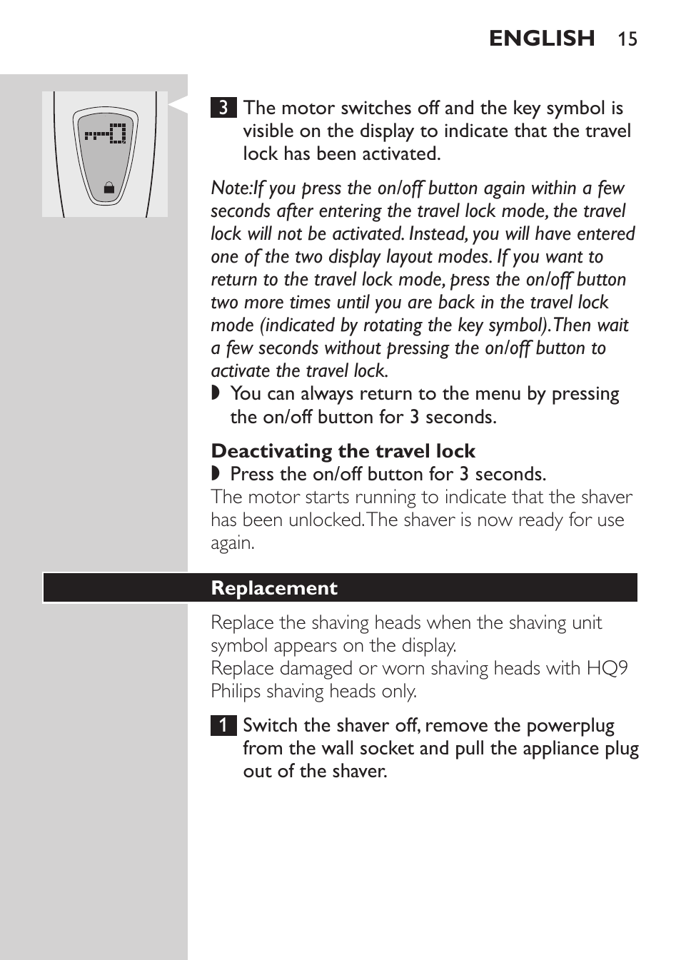 Deactivating the travel lock, Replacement | Philips HQ9190 User Manual | Page 13 / 124