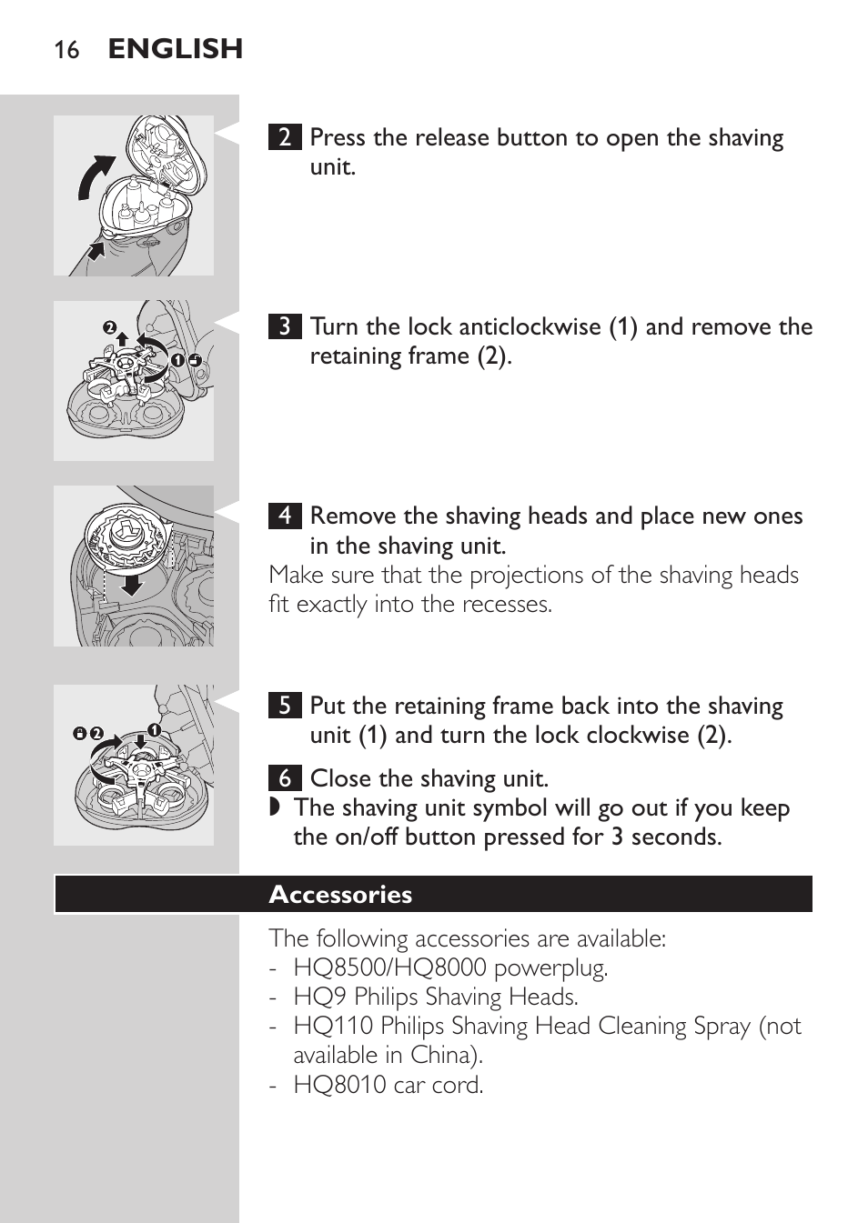 Accessories | Philips HQ9190 User Manual | Page 14 / 124