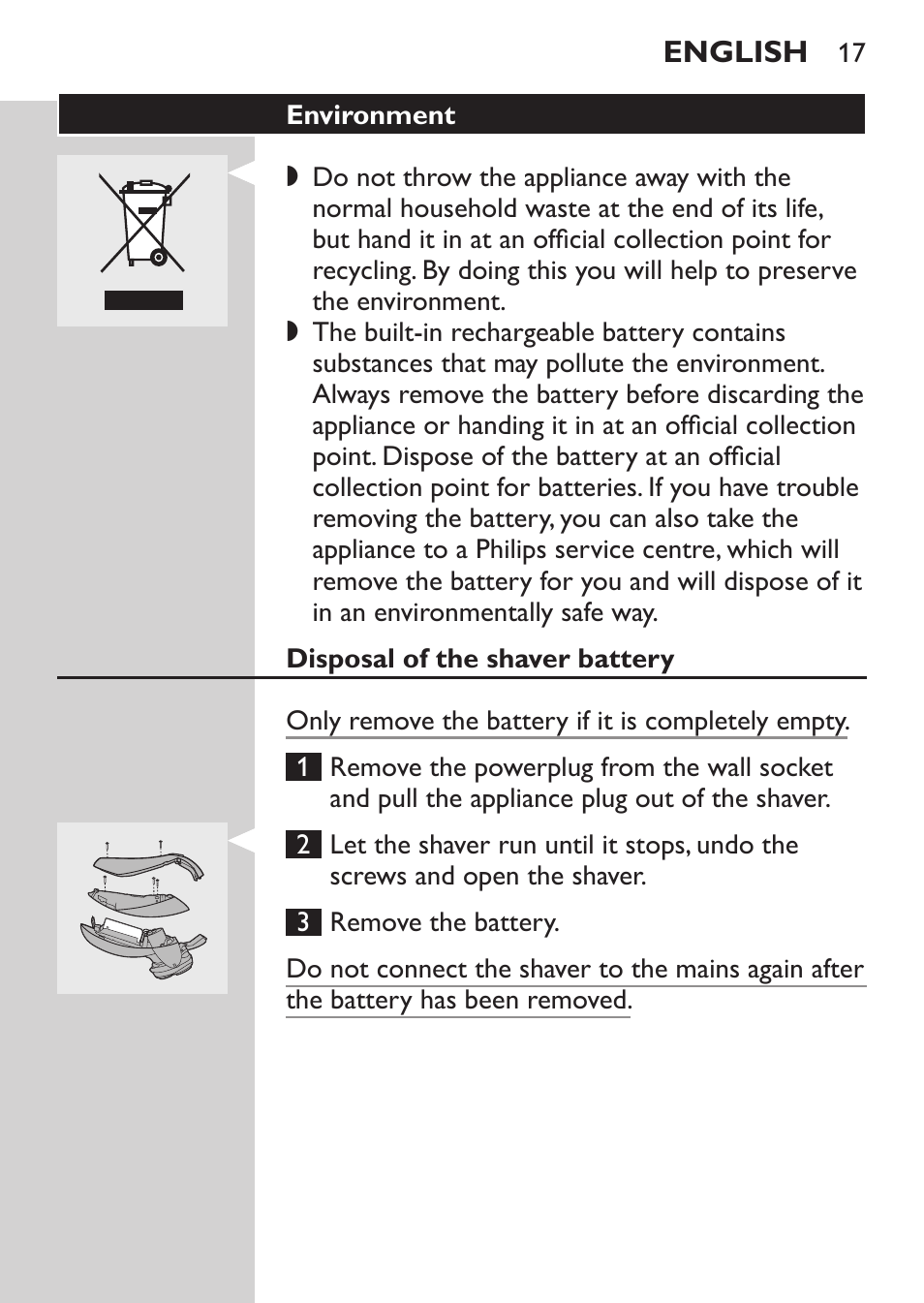 Environment, Disposal of the shaver battery, Guarantee & service | Philips HQ9190 User Manual | Page 15 / 124