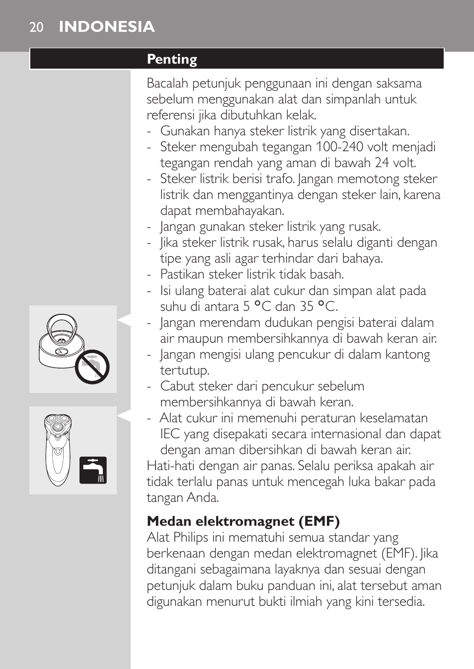 Medan elektromagnet (emf), Indonesia, Penting | Philips HQ9190 User Manual | Page 18 / 124