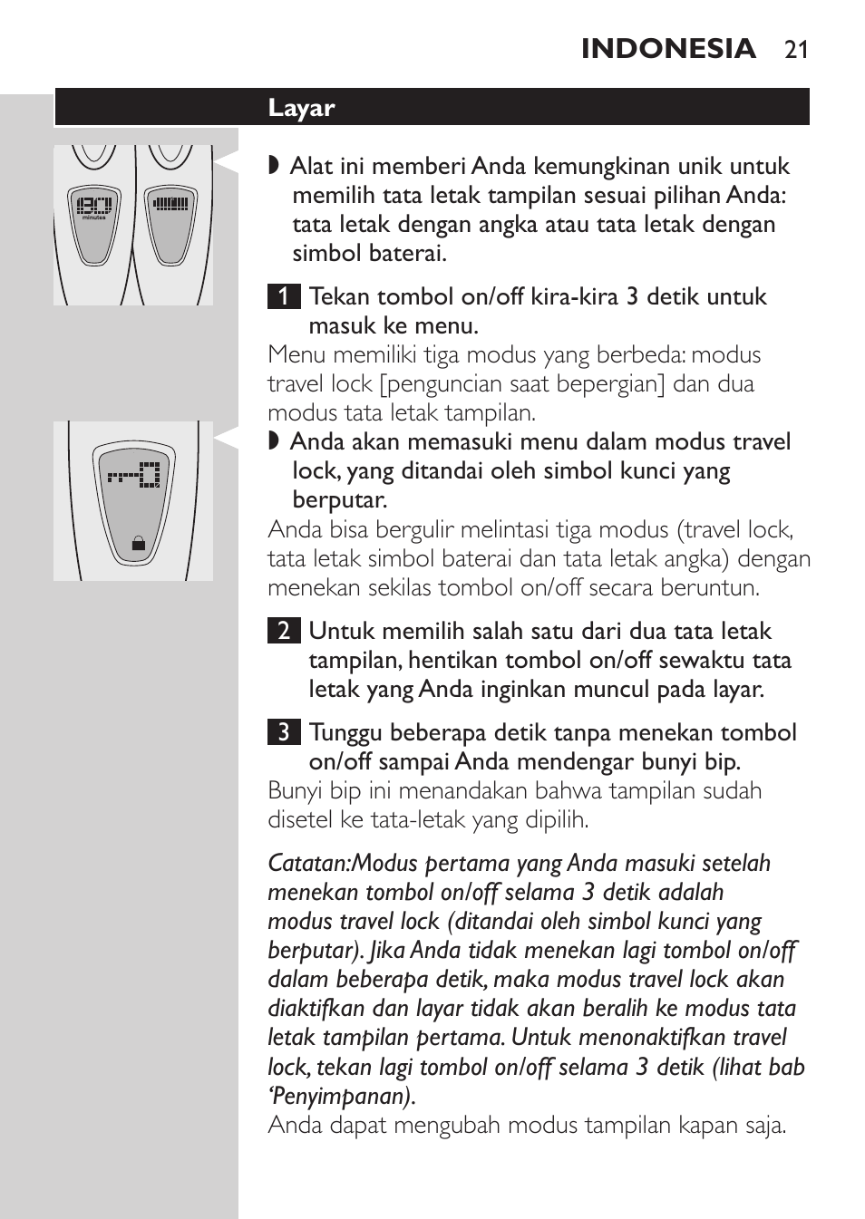 Layar | Philips HQ9190 User Manual | Page 19 / 124