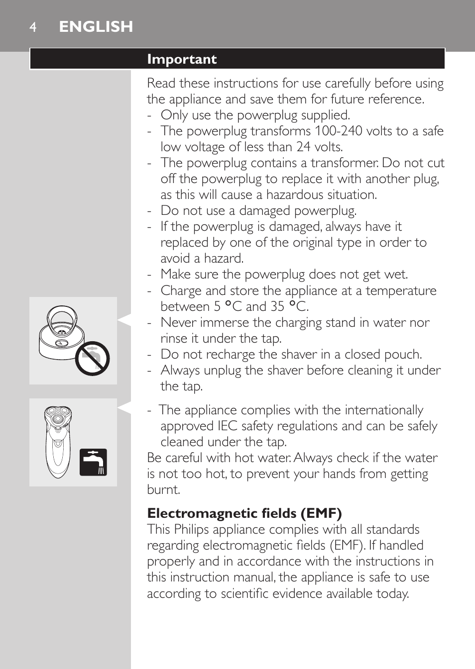 English, Important, Electromagnetic fields (emf) | Philips HQ9190 User Manual | Page 2 / 124