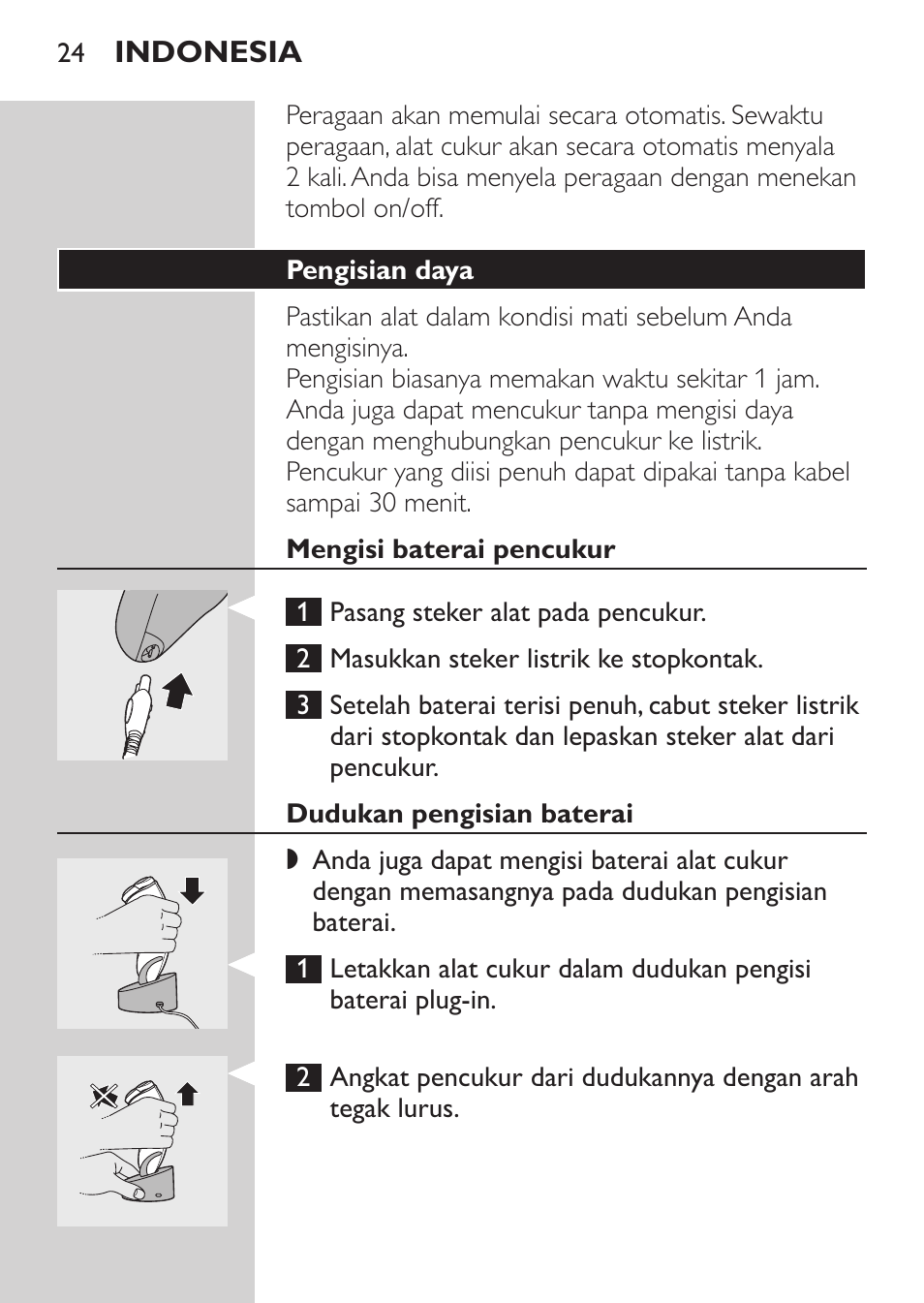 Pengisian daya, Mengisi baterai pencukur, Dudukan pengisian baterai | Philips HQ9190 User Manual | Page 22 / 124