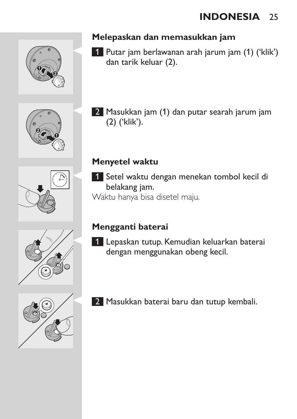 Melepaskan dan memasukkan jam, Menyetel waktu, Mengganti baterai | Philips HQ9190 User Manual | Page 23 / 124