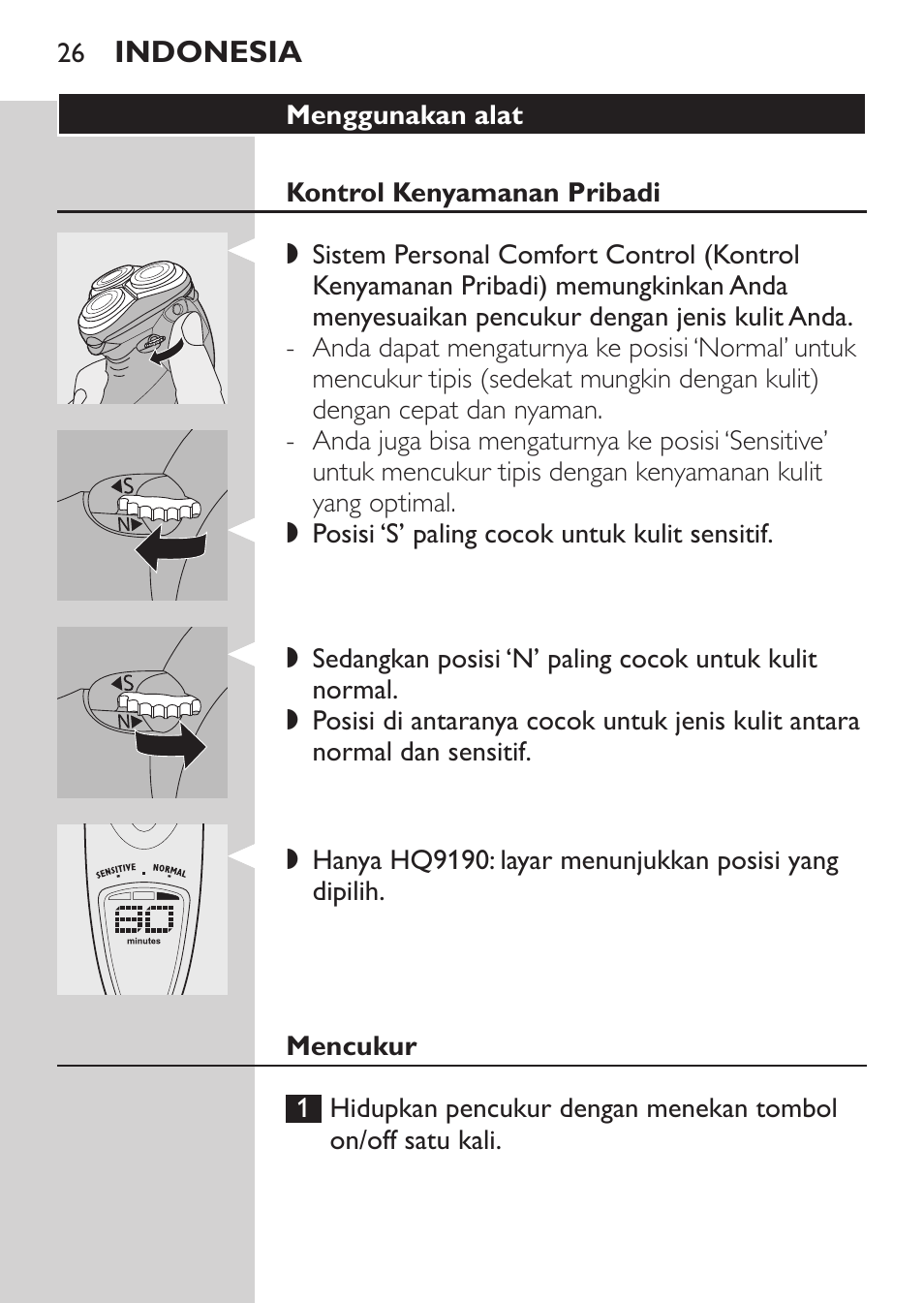 Menggunakan alat, Kontrol kenyamanan pribadi, Mencukur | Philips HQ9190 User Manual | Page 24 / 124