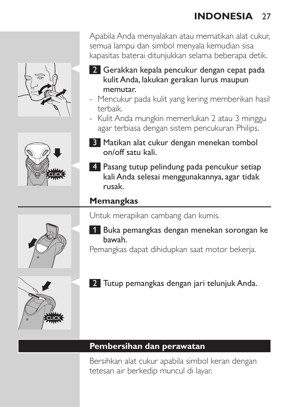 Memangkas, Pembersihan dan perawatan | Philips HQ9190 User Manual | Page 25 / 124