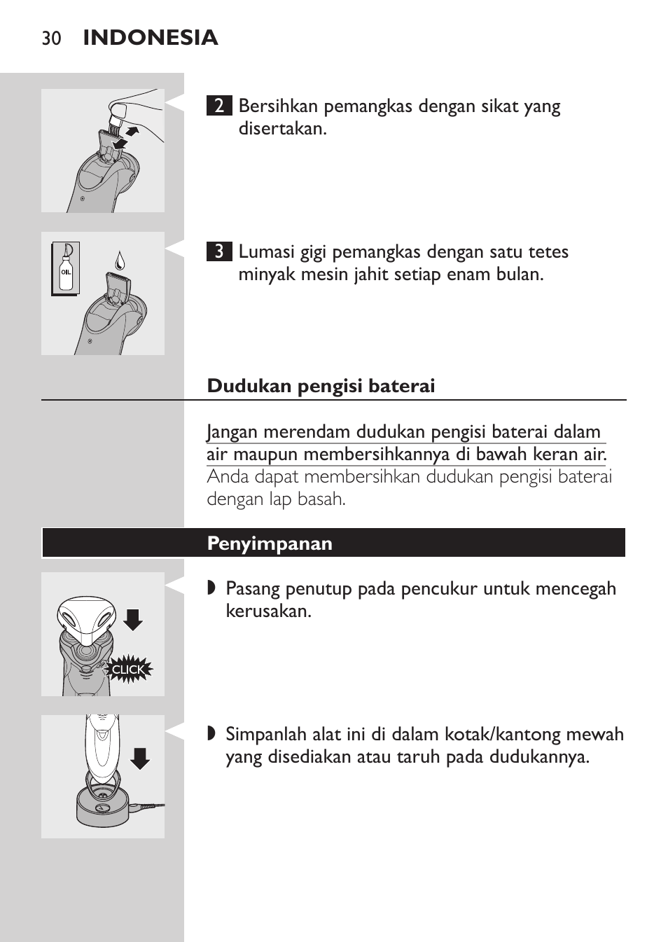 Dudukan pengisi baterai, Penyimpanan | Philips HQ9190 User Manual | Page 28 / 124