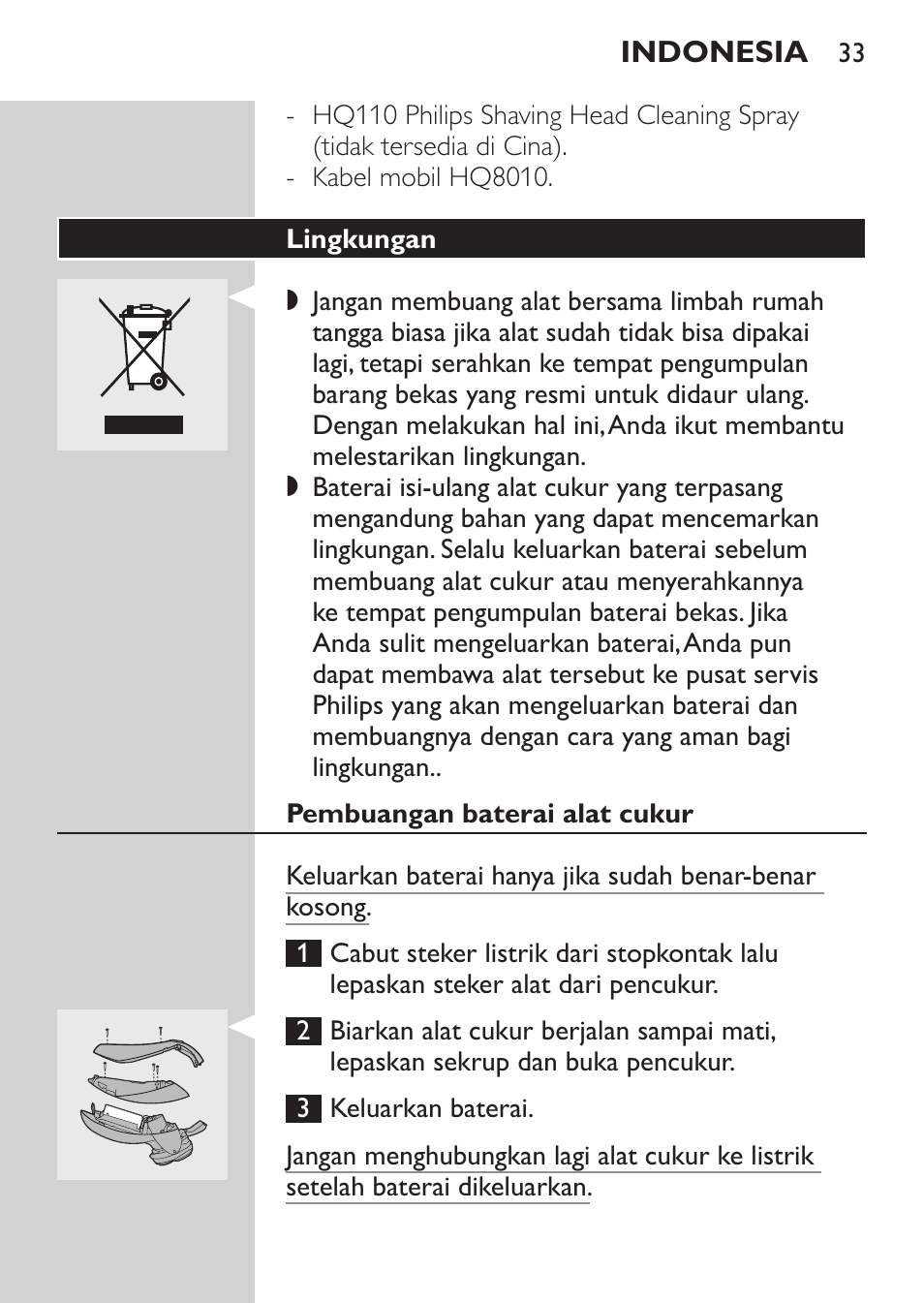 Lingkungan, Pembuangan baterai alat cukur | Philips HQ9190 User Manual | Page 31 / 124