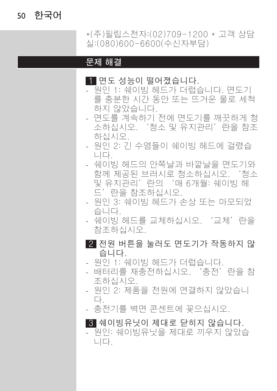 문제 해결 | Philips HQ9190 User Manual | Page 48 / 124