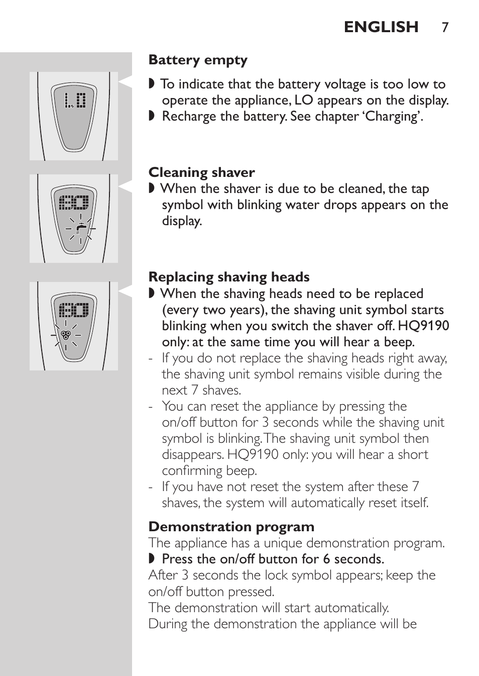 Cleaning shaver, Replacing shaving heads, Demonstration program | Philips HQ9190 User Manual | Page 5 / 124