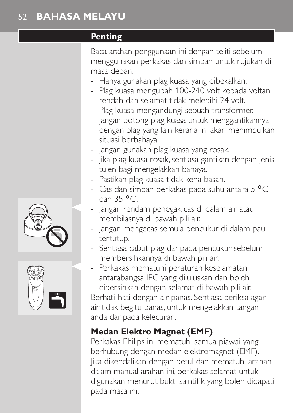 Medan elektro magnet (emf), Bahasa melayu, Penting | Philips HQ9190 User Manual | Page 50 / 124