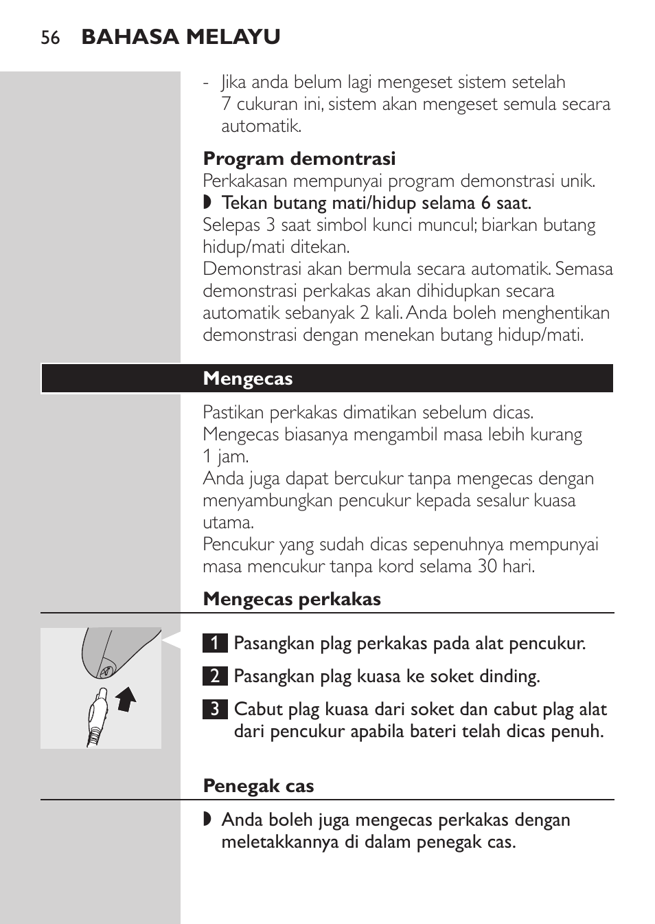 Program demontrasi, Mengecas, Mengecas perkakas | Penegak cas | Philips HQ9190 User Manual | Page 54 / 124