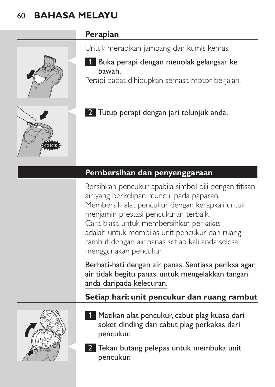 Perapian, Pembersihan dan penyenggaraan | Philips HQ9190 User Manual | Page 58 / 124