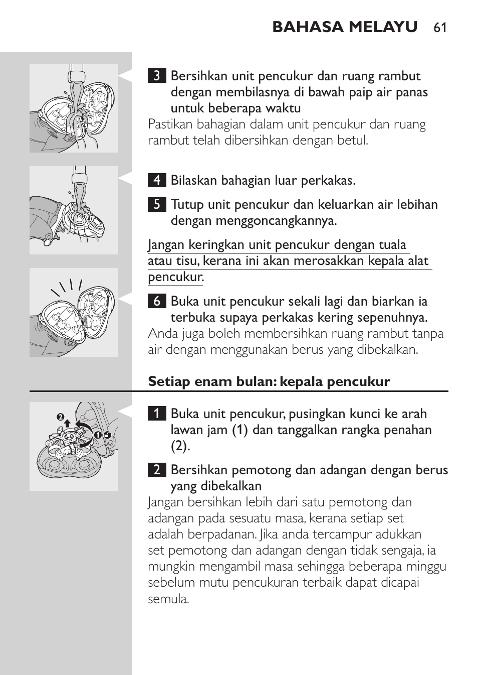 Setiap hari: unit pencukur dan ruang rambut, Setiap enam bulan: kepala pencukur | Philips HQ9190 User Manual | Page 59 / 124