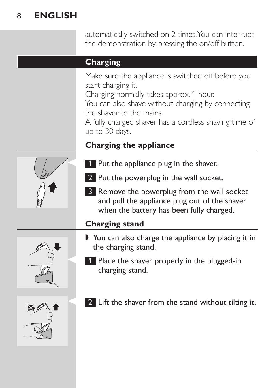 Charging, Charging the appliance, Charging stand | Philips HQ9190 User Manual | Page 6 / 124