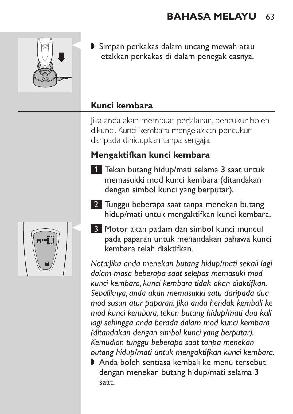 Penyimpanan, Kunci kembara, Mengaktifkan kunci kembara | Philips HQ9190 User Manual | Page 61 / 124