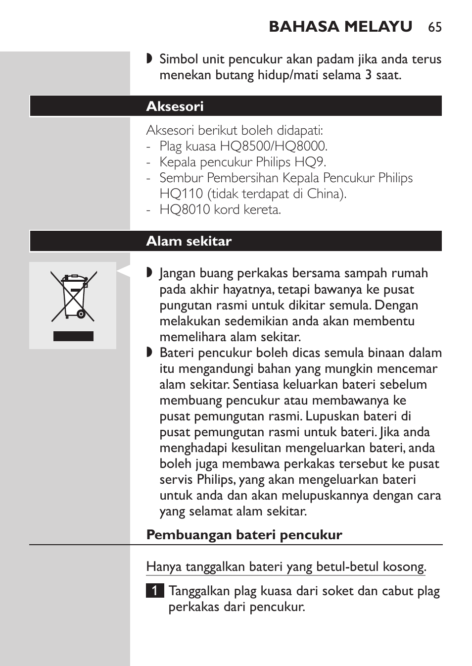 Aksesori, Alam sekitar | Philips HQ9190 User Manual | Page 63 / 124