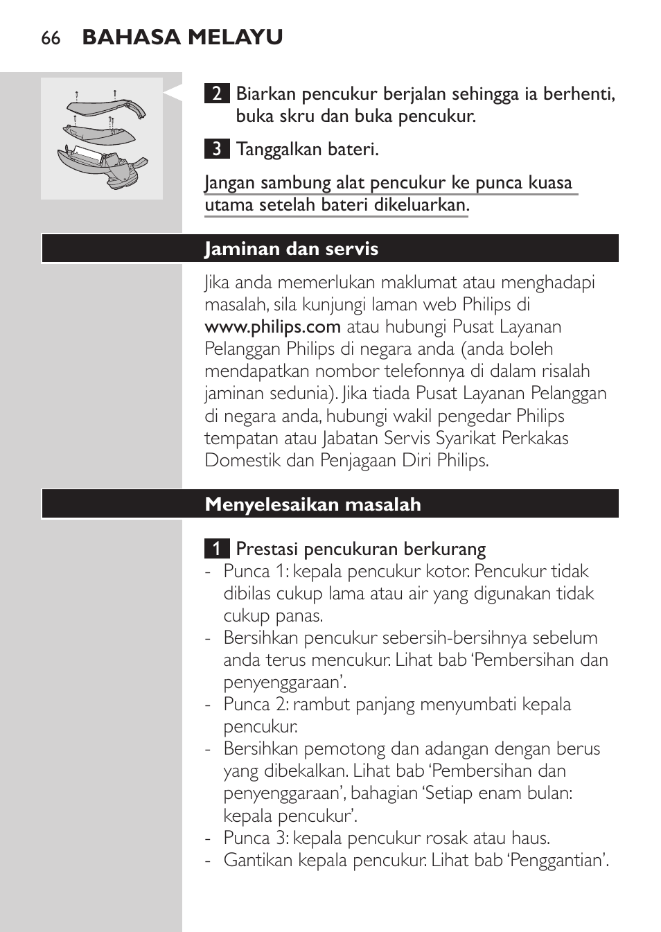 Pembuangan bateri pencukur, Jaminan dan servis, Menyelesaikan masalah | Philips HQ9190 User Manual | Page 64 / 124