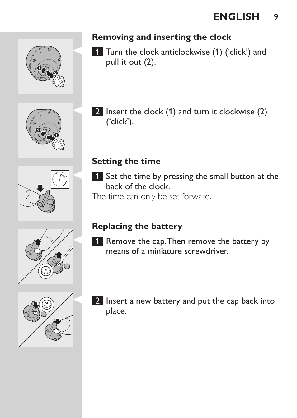 Removing and inserting the clock, Setting the time, Replacing the battery | Philips HQ9190 User Manual | Page 7 / 124